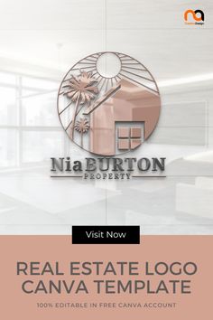 the real estate logo is displayed in front of an empty room with large windows and palm trees