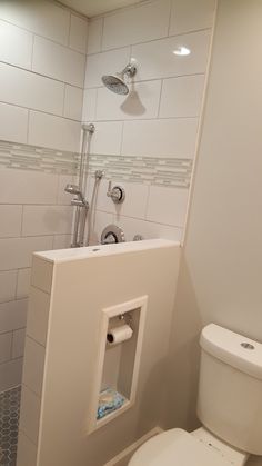 a white toilet sitting next to a shower in a bathroom