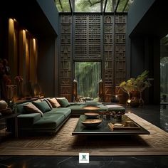 a living room filled with lots of furniture next to a large window covered in plants