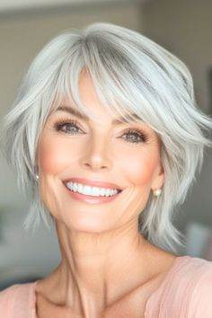 Save this pin for the best hairstyles for women over 60 with bangs. Short and sassy, this modern look is ideal for women who want a low-maintenance style that works well with gray hair. The tapered back and sides create a sleek, manageable shape. Medium Hair Styles For Women, Going Grey, Hairstyles For Women Over 60, Over 60 Hairstyles, Classic Bob, Hair Fixing