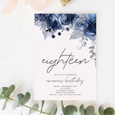 an elegant floral birthday party card with blue flowers and greenery