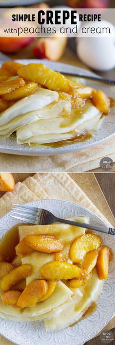 two plates topped with pancakes covered in butter and apple toppings next to each other