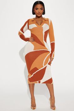 Available In Orange/combo. Sweater Midi Dress Collar Neckline Long Sleeves Stretch Disclaimer pattern Placement May Vary 50% Rayon 30% Polyester 20% Nylon Imported | Carmel Sweater Midi Dress in Orange size XS by Fashion Nova Carmel Sweater, Sweater Midi Dress, Dress Collar, Dress Orange, Sweater Dress Midi, Collar Dress, Fashion Nova, Dress Outfits, Midi Dress