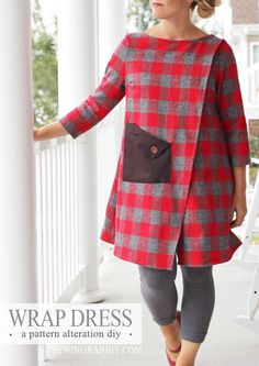 a woman wearing a red and gray plaid dress with pockets on the front, standing in an open porch