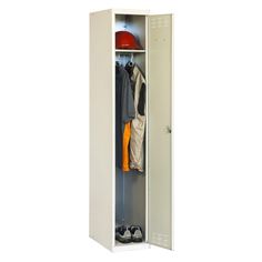 a white locker with some clothes hanging on it