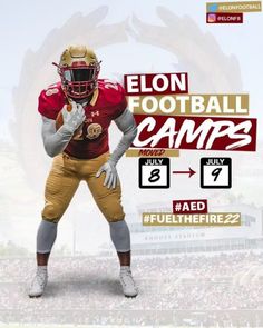 a football player is standing in front of an audience with the words elon football camp on it