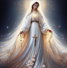 an image of the immaculate mary in white with gold trimmings on her dress