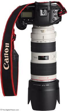 a canon camera sitting on top of a tripod with the lens attached to it