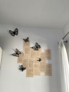 several butterflies are mounted to the wall in this room