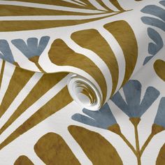 an abstract wallpaper with blue and gold leaves on it's side, as well as a white background