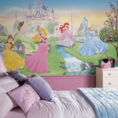 a bedroom decorated with princesses and castle wallpaper