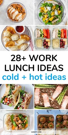 collage of lunches with text overlay that reads 28 work lunch ideas cold and hot