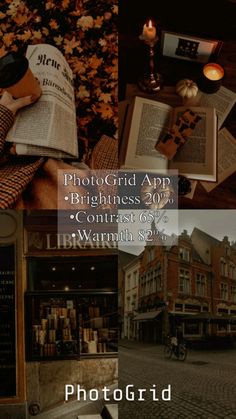 a collage of photos with the words photo grid app brightnesss 20 % contrast 50 % warmth 50 %