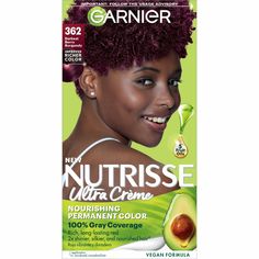 Garnier Nutrisse Ultra Crème Nourishing Permanent Hair Color nourishes as it colors for 2x shinier, silkier and nourished hair vs. uncolored, unwashed hair. Garnier Nutrisse permanent burgundy hair dye comes with a fruit oil ampoule that you pour directly into the mix. Our nourishing after color conditioner is infused with five responsibly-sourced oils - avocado, olive, coconut, argan and shea. The new ColorBoost technology efficiently infuses intense dyes into the hair fiber for richer, radiant Burgundy Hair Dye, Garnier Hair Color, Color Conditioner, Dyed Red Hair, Hair Color Cream, Coloring Tips, Temporary Hair Color, Gray Coverage, Permanent Hair Dye