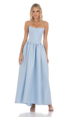 Strapless Corset Gown in Blue | LUCY IN THE SKY Strapless Floor Length Dress, Blue Maxi Wedding Guest Dress, Light Blue Dress Maxi, Blue Floor Length Dresses, One Shoulder Blue Bridesmaid Dress, Corset Dress Maxi, Blue Spring Wedding Guest Dress, Winter Wedding Maid Of Honor Dresses, Gold And Blue Bridesmaid Dresses