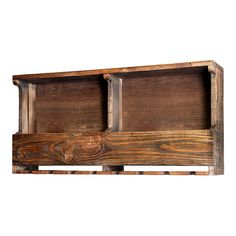 an old wooden shelf with two compartments on the bottom and one section missing from it