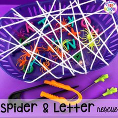 the spider and letter rescue craft is ready to be made with construction supplies such as scissors, glue sticks, and sprinkles