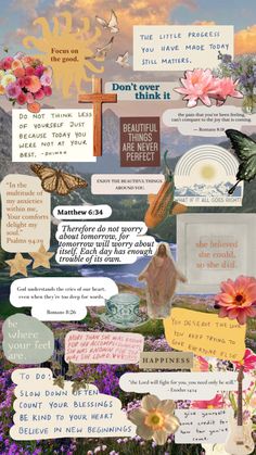 a collage of words and pictures with flowers in the foreground, butterflies flying over them