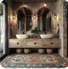 a bathroom with two sinks and mirrors on the wall next to a rug in front of it