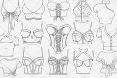 the front and back view of different bras with bows on each bra, which are drawn