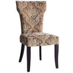 an upholstered chair with black legs and a snake skin pattern on the back