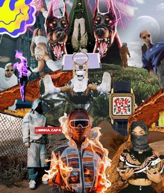 a collage of images with various people and animals in them, including two men wearing masks