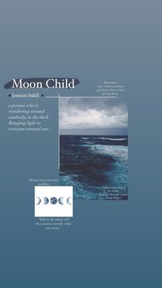 the moon child brochure is shown on a blue background with an ocean scene