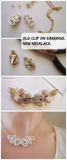 Great DIY jewelry upcycle. Give old clip-on earrings a new life as a necklace. Clip On Jewelry, Old Earrings Repurpose, Vintage Jewelry Upcycle, Old Jewelry Crafts Necklaces, Repurpose Clip On Earrings, Repurposing Clip On Earrings, Recycle Old Jewelry