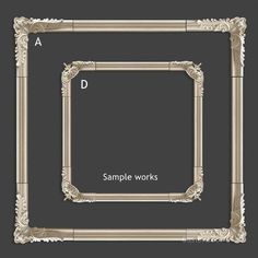 an ornate frame is shown with the letter d and sample works below it in white