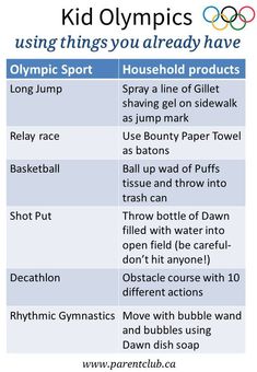 the olympic games list for kids to play in their homes and backyards, including swimming pool