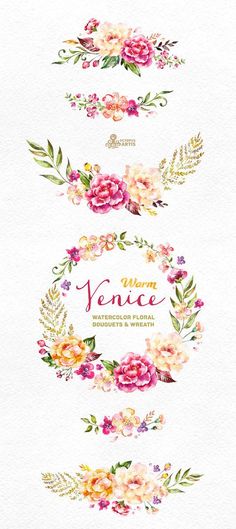 watercolor flowers and leaves are arranged in the shape of wreaths on white paper