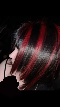 Dyed Hair With Black Hair, Black Highlights On Red Hair, Emo Hair Highlights, Black And Red Tips Hair, Bleach Highlights On Black Hair, Black Hair Color Highlights, Black And Red Skunk Stripe Hair, Black Dyed Hair With Highlights, Dyed Hair Red And Black