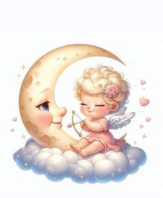 a little angel sitting on top of a moon