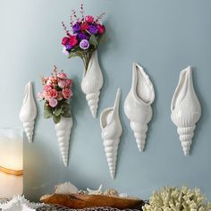 there are five sea shells hanging on the wall next to a vase with flowers in it