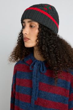 Floral embroidery and a cable knit offer this Grandpa beanie a stylish twist. •Embroidered design •Red trim •One size fits all •60% Cotton, 40% Acrylic •Designed in London Reversible Tote Bag, Reversible Tote, Acrylic Designs, Pink Gingham, Striped Cardigan, Yellow And Brown, Embroidered Design, Pink Stripes, Scarf Hairstyles