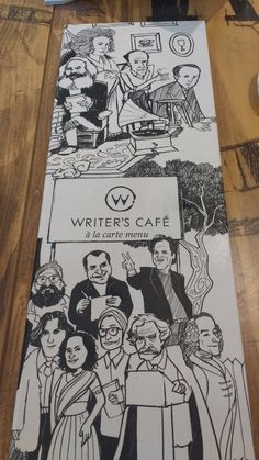 a table runner with an image of the writer's cafe and people on it