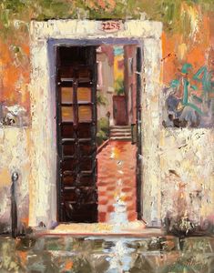 a painting of an open door to a building