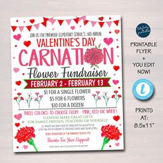 valentine's day carnation flyer with flowers and hearts on the front, in white background