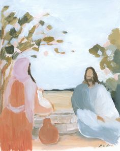 a painting of two people sitting next to each other near a tree and some fruit