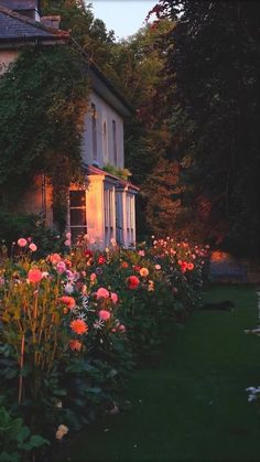 an image of a house with flowers in the foreground and trees in the background