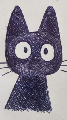 a drawing of a black cat with eyes drawn on it's face and nose