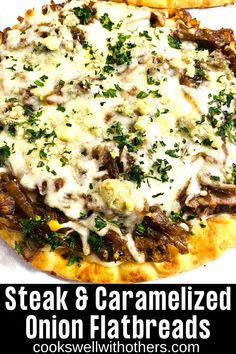 pizza topped with steak onions and cheese Steak Flatbread Pizza, Flatbread Toppings, Breaded Steak, Steak And Onions, Cheese Flatbread