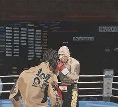 a painting of two boxers in a boxing ring, one with his head down and the other facing each other