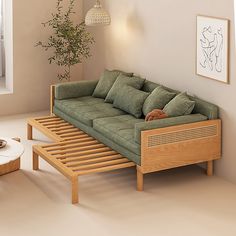 a living room with a couch, coffee table and plant in the corner on the wall