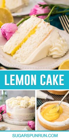 lemon cake with white frosting and yellow icing on the top, surrounded by pink flowers