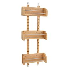 three tiered wooden shelf with two hooks on each side and one hanging from the wall