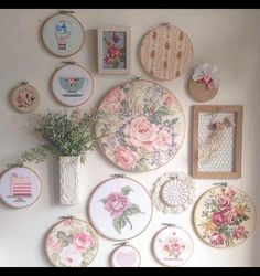 the wall is covered with many different types of embroidery