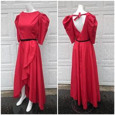 This Dress Is Incredibly Gorgeous In Person! It's The Ultimate 80's Maxi Gown. This Has 80's High Puff Sleeves That Can Be Adjustable Via A Ties Behind The Neck/ In The Back. This Zips And Hooks Shut In The Back. The Dress Also Has Belt Loops And Comes With A Removable Black Skinny Belt. The Skirt Is Semi High-Low In The Front But Falls As Though It Is A Princess Dress. Feels Like A Cotton & Is Very Lightweight. Measurements Lying Flat: Bust: 17" Waist: 13" Front Length: 42" Back Length: 53" High Puff, Princess Gown, Bridesmaid Dress Colors, Maxi Gown, Maxi Gowns, A Princess, Black Skinnies, Princess Dress, Bridesmaid Dress