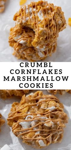 crumbl cornflake marshmallow cookies with white icing on top