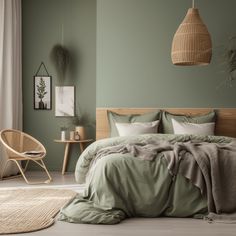 a bedroom with green walls and bedding in the corner, along with a wicker basket hanging from the ceiling